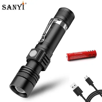 

Sanyi LED Tactical Flashlight 3-Mode XML T6 Led Torch Zoom Focus Flashlights Waterproof Torch USB Rechargeable 18650 Flash Light