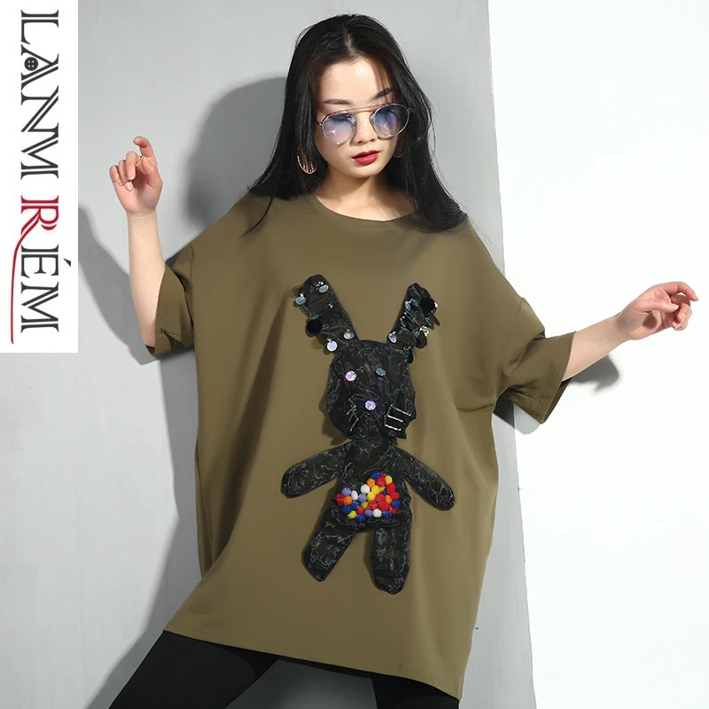 

LANMREM 2019 Summer New Fashion Clothes For Women Round Neck Sequins Stereoscopic Organza Patchwork T-shirt Loose Big Size JE949