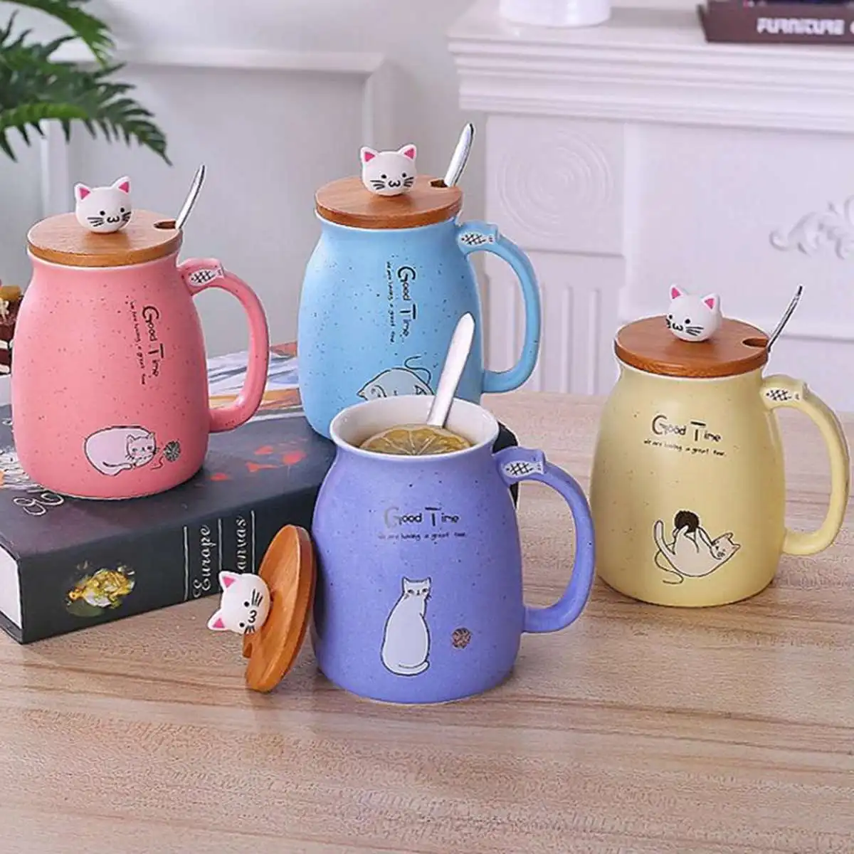 Heat resistant Cute Cat Cup Cartoon with Spoon Lid Cup Milk Coffee