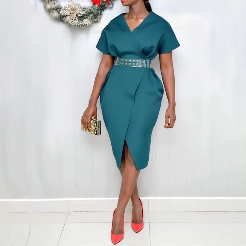 

Sisjuly Sexy Wrap Dress Women Summer Split Modern Office Wear High Waist Elegant Simple Party Blue Ladies Casual Bodycon Dresses