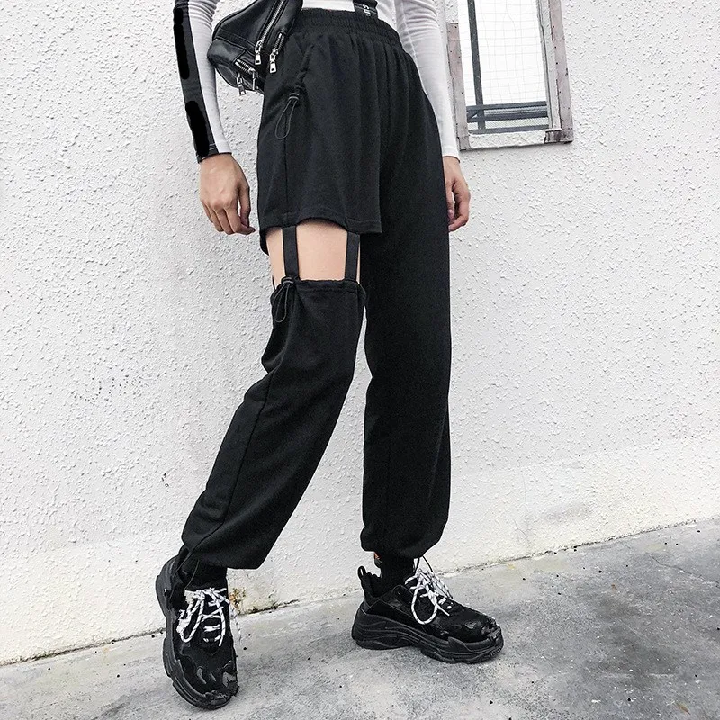 2019 New Solid Pockets Harem Pants Women Hollow Out High Waist Pants ...