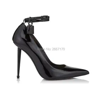 

2019 Zapatos Mujer Women Patent Padlock Pumps Pointed Toe Talons Ankle Strap High Heels Office Lady Work Stilettos Party Heels