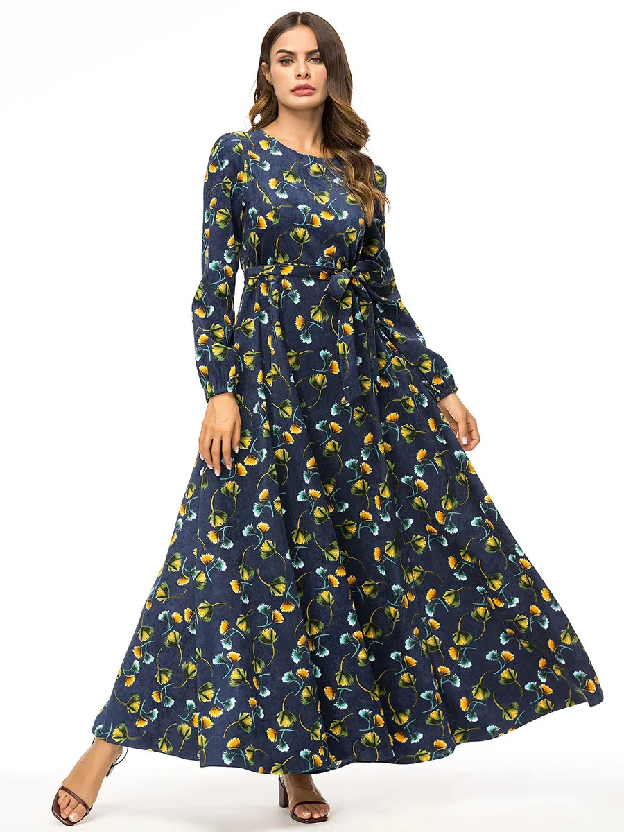 

2018 Bohemian Printing Muslim abaya pray dress O-neck Long Sleeve Big Hem Women Autumn Dress Elegant Casual Vestidos 7375