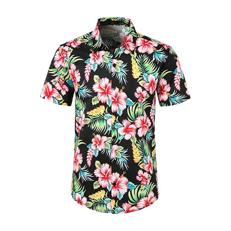 

Men Summer Beach Holiday Flora Print Turn Down Collar Button Slim Fit Short Sleeve Pure Colour Tunic Blouse T-Shirt