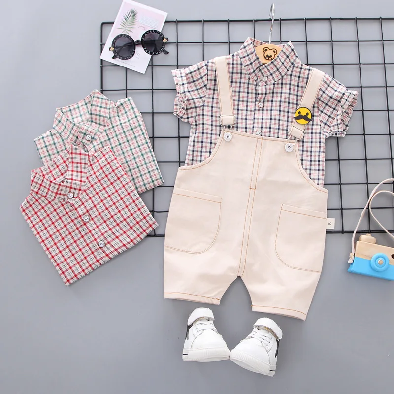 

Summer New Casual Children's Baby Short Sleeve Suit Plaid Lapel Shirt Short Sleeve Suspender Shorts Two-piece Children's Suit