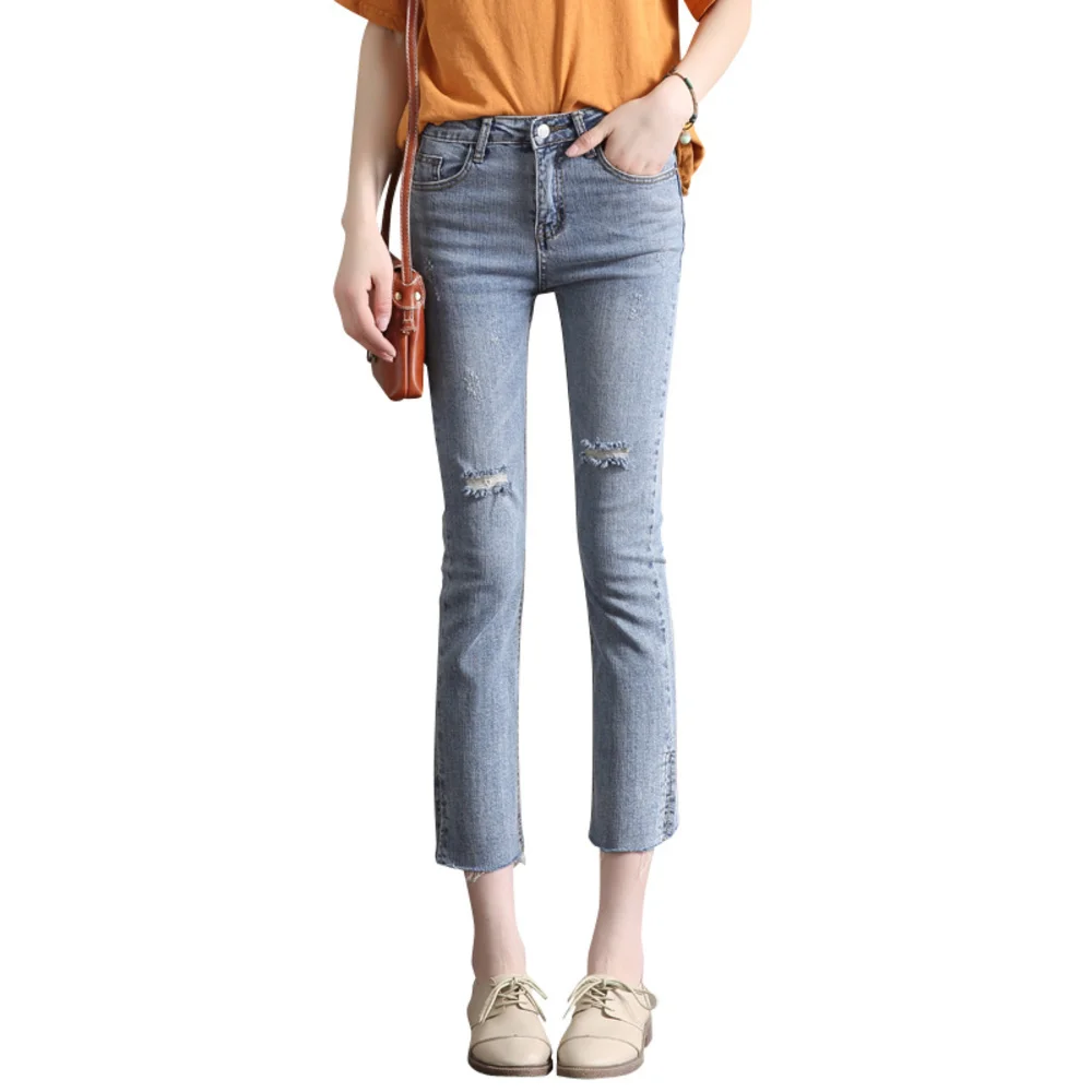 

Spring Summer Capri Pants Women Casual High Waist Skinny Stretch Jeans Ripped Hole Split Denim Trousers Pantalon Femme