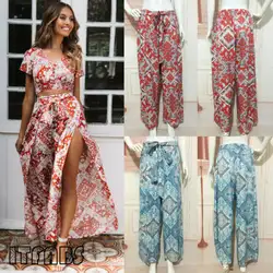 2019 новые модные популярные женские длинные брюки Boho с высокой талией, раздельные цветочные брюки, свободные широкие брюки