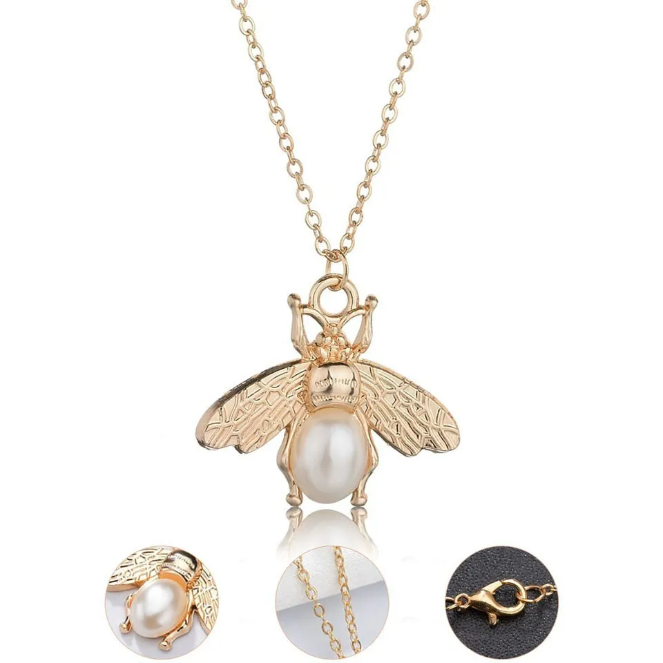 

Fashion Pendant Necklace For Women Lucky Bee With Pearl For Women Gold Charm Handmade European Style Wedding Jewelry Female