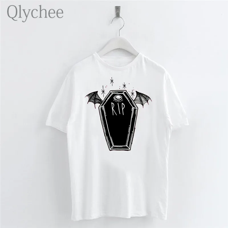 

Qlychee Harajuku Demon Coffin Wing Print Women T Shirt Casual Short Sleeve Crew Neck White T Shirt Tee Top Female