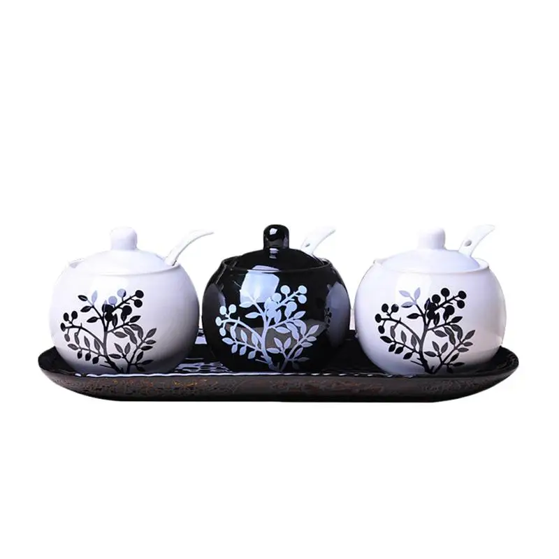

Three-piece Porcelain Condiment Container Ceramic Food Storage Spice Jar with Serving Spoon Salt Coffee Sugar Seasoning for
