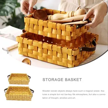 

Handmade Woven Rectangular Basket PU Handle Wooden Primary Color Large Capacity Storage Basket Toy Fruit Flower Pot Plant Basket