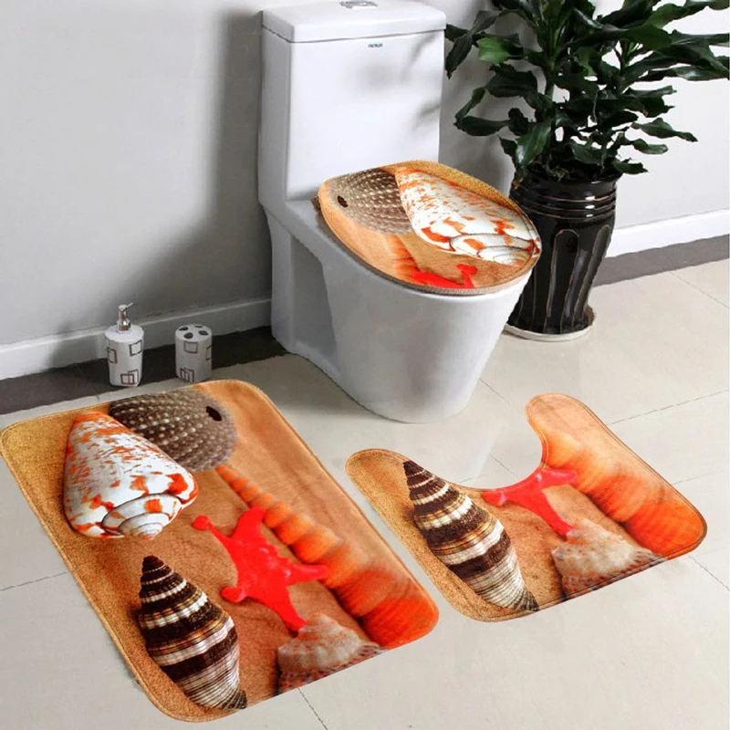 

3pcs/set Soft Starfish Pedestal Rug Bath Mat Flannel Seashell Contour Pedestal Rug Lid Toilet Cover Carpet Bathroom Decor Set