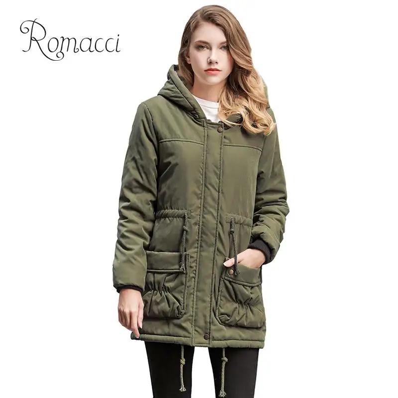 Fashion Winter Women Hooded Parka Coat Drawstring Waist