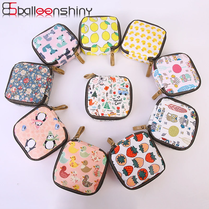 

BalleenShiny Cotton Cloth Cartoon Sanitary Napkins Coin Purse Zipper Money Keys Cards Earphone Organizer Portable Travel Pouch