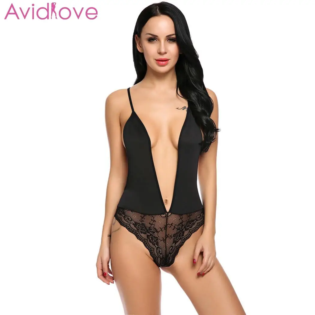 

Avidlove Bodysuit Women Sexy Lingerie Deep V Neck Sleepwear Lingerie Bodysuit Backless Lace Patchwork Teddy Nightwear