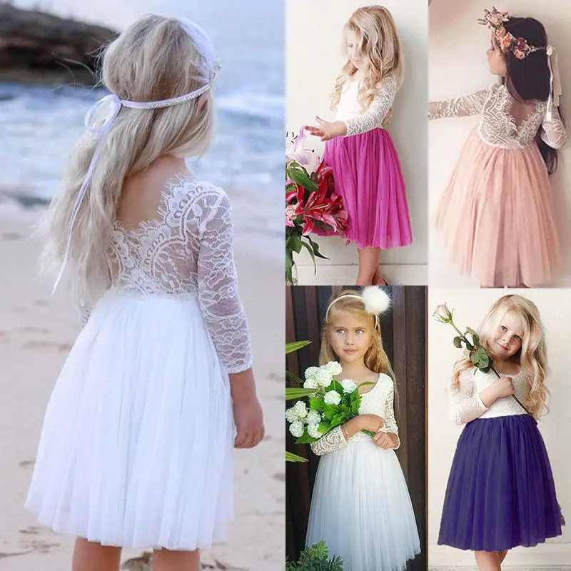

2019 Pudcoco Kid Baby Flower Girl Party Lace Cotton Long Sleeve Full-Length Floral Tulle Dress Wedding Bridesmaid Dress Princess
