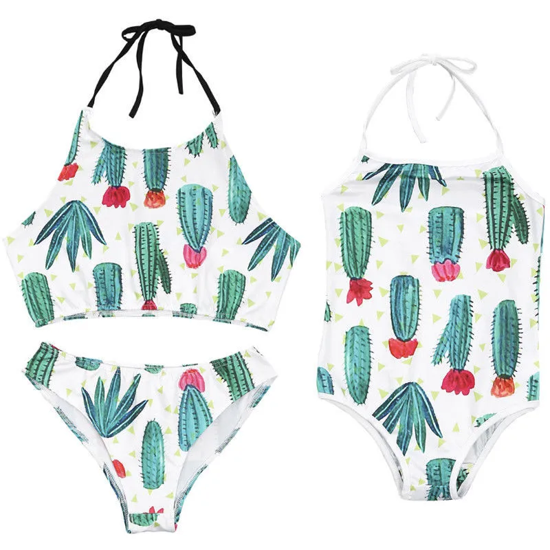 

Family Matching Swimwear Mommy And Me Clothes Mother Daughter Cactus Printed Halter Swimsuit Parent-child High Waist Bikini Set