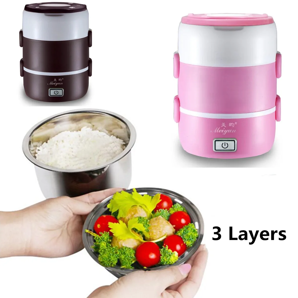 

1.6L Mini Rice Cooker Stainless Steel 3 Layers Steamer Electric Portable Meal Thermal Heating Lunch Box Food Container Warmer