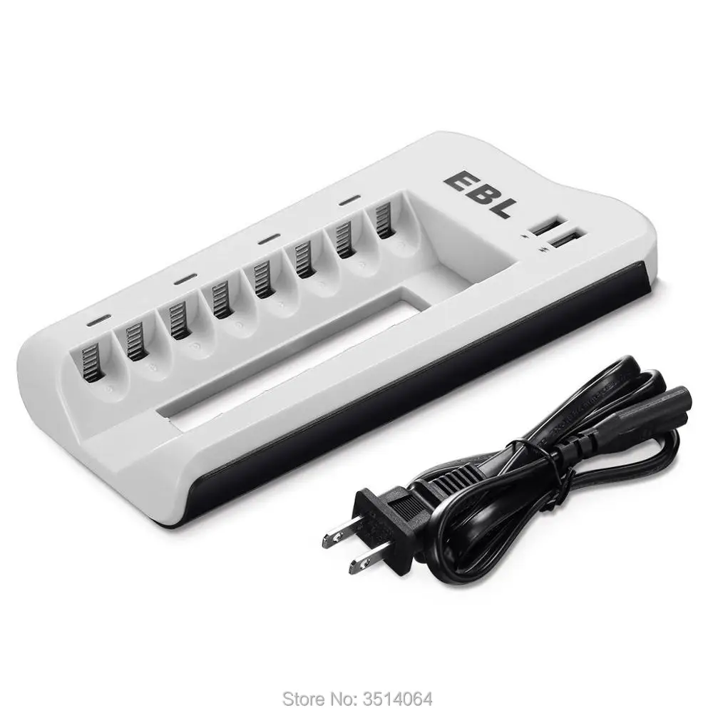 

EBL Charger 8 Bay AA AAA Ni-MH Ni-Cd Rechargeable Battery Charger with 2 Smart USB Charging Port for Smartphone Tablet