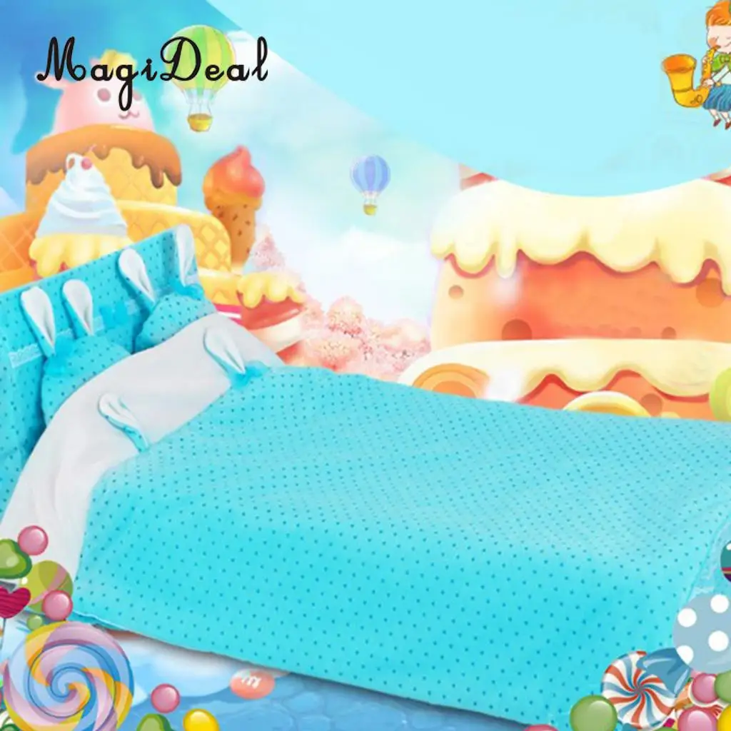 

1/3 Miniature Girl Doll Bed with Bedding Set Blue Dotted for BJD Doll Furniture Accessories