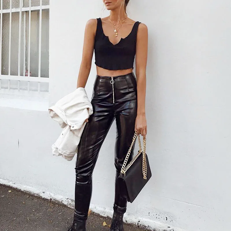 

black pantalon femme Women trouser Zip Up Push Up Skinny Leggings high waist Wet Look Leather pants slim pencil club Trousers