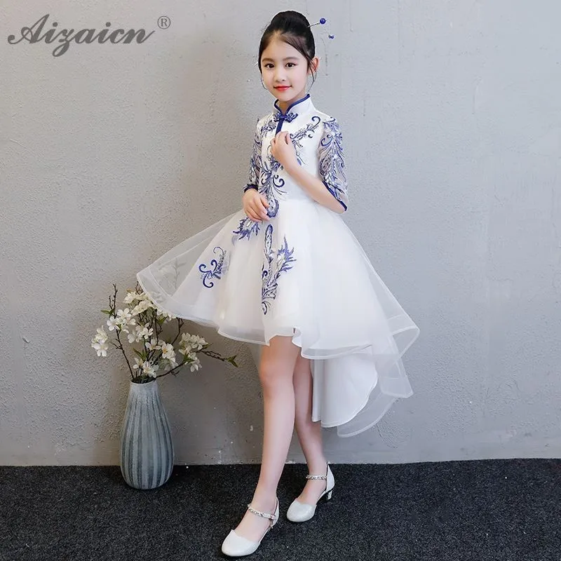 Зимнее детское плотное платье Ципао для дня рождения, вечерние платья с длинными рукавами в китайском стиле, белое кружевное платье Ципао для девочек