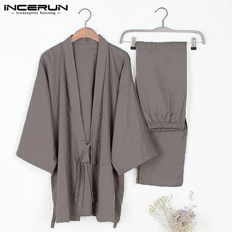 INCERUN Japanese Style Cotton Men Kimono Set Pajamas Set Homewear Tops Pants Solid Kung Fu Sleepwear Vintage Men Clothes L-5XL INCERUN Japanese Style Cotton Men Kimono Set Pajamas Set Homewear Tops Pants Solid Kung Fu Sleepwear Vintage Men Clothes L-5XL