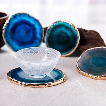 

2Pcs Agate Slice Blue Agate Coaster Teacup Tray Decorative Design Stone Coaster Gold Edges Home Decor Gemstone Coaster