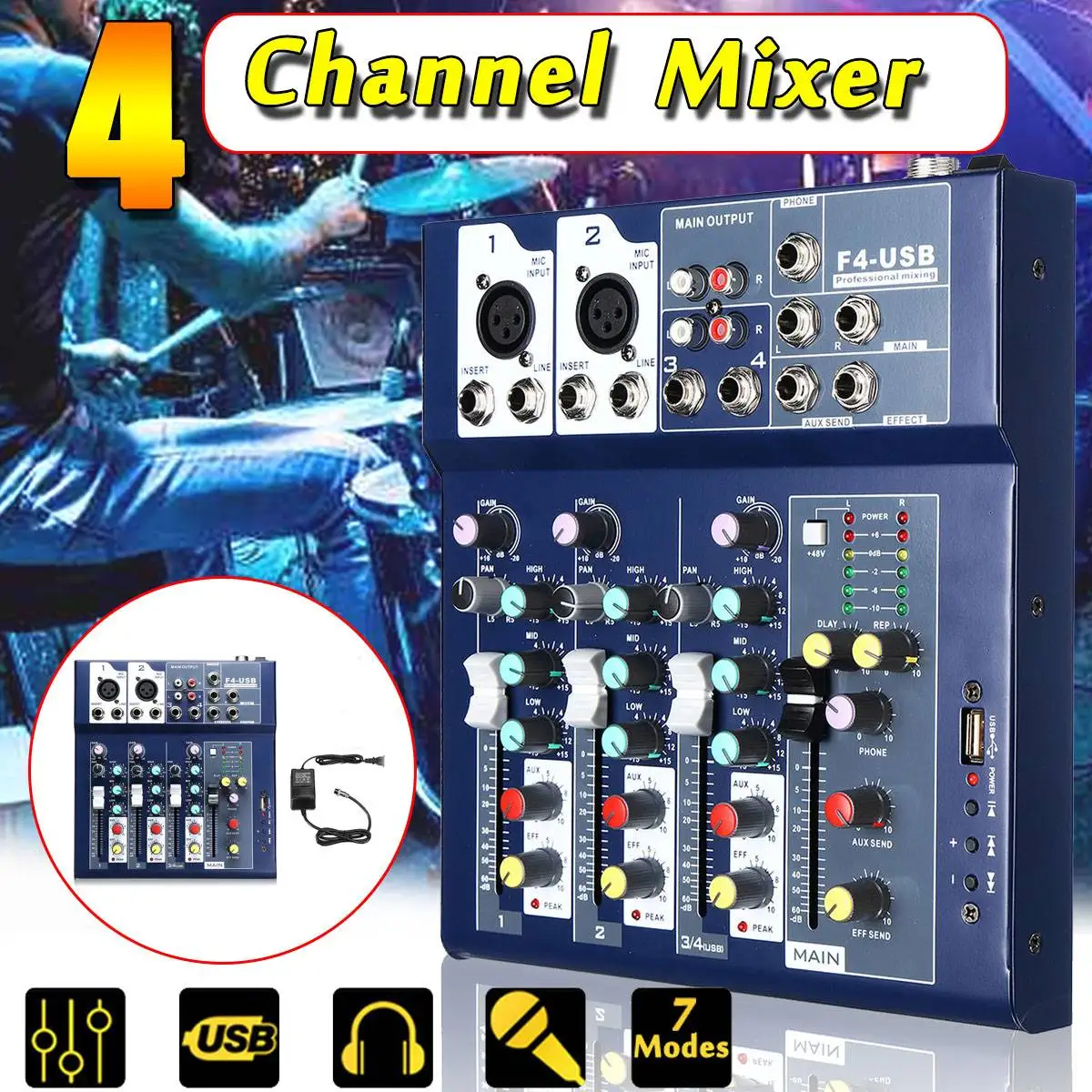 

Mini 4 Channel USB Portable Mixer Live Studio Audio DJ Sound Mixing Console 48V Amplifier For Karaoke KTV Match Party Speech