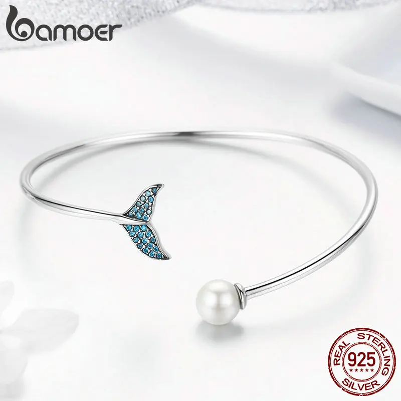Skup BAMOER gorąca sprzedaż 925 Sterling Silver Mermaid s Tail otwórz mankiet kobiety bransoletki i Bangles elegancka biżuteria srebrna SCB123