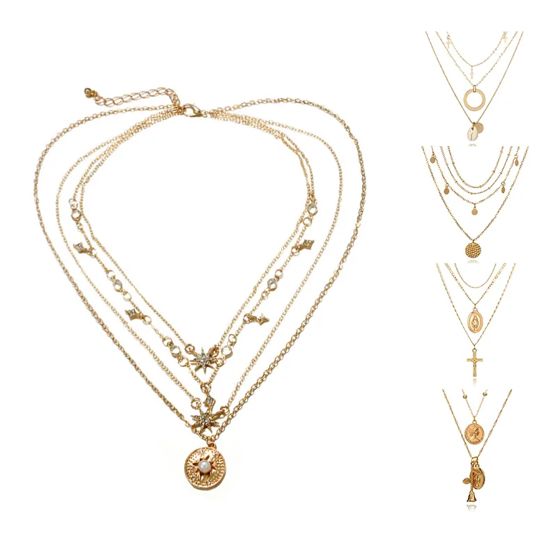 

Vintage Women Crystal Rhinestone Shell Cross Pendant Necklace Choker Chain Boho Gold Color Multi Layer Necklace Girlfriend Gift
