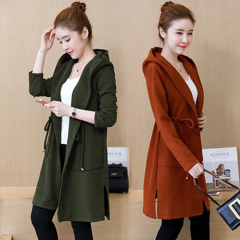 

Plus Size 4XL 5XL Knitted Women Sweater Cardigan Jacket Women 2019 Autumn Long Sweater Hooded Casual Warm Long Female Coat H118