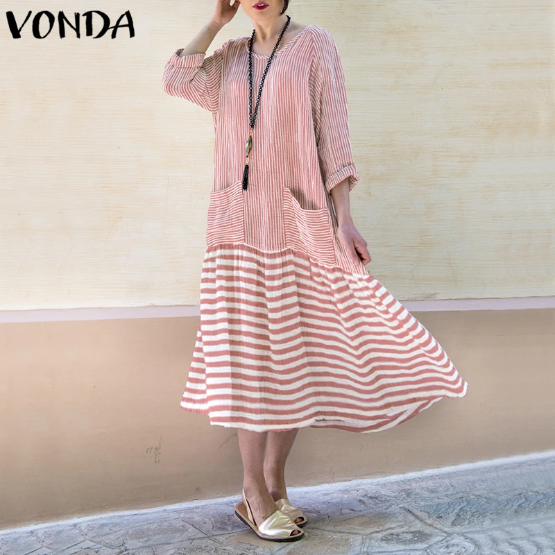 VONDA Vintage Dresses 2020 Women Bohemian Long Dress Casual Long Sleeve Stripe Patchwork Loose