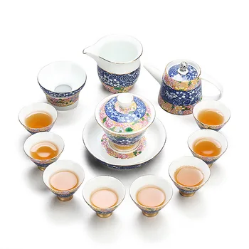 

Design In Gold Grilled Flower Kung Fu Tea Have Blue And White Porcelain Teapot Celadon Tureen Teacup Suit Gift Box Gift Dress