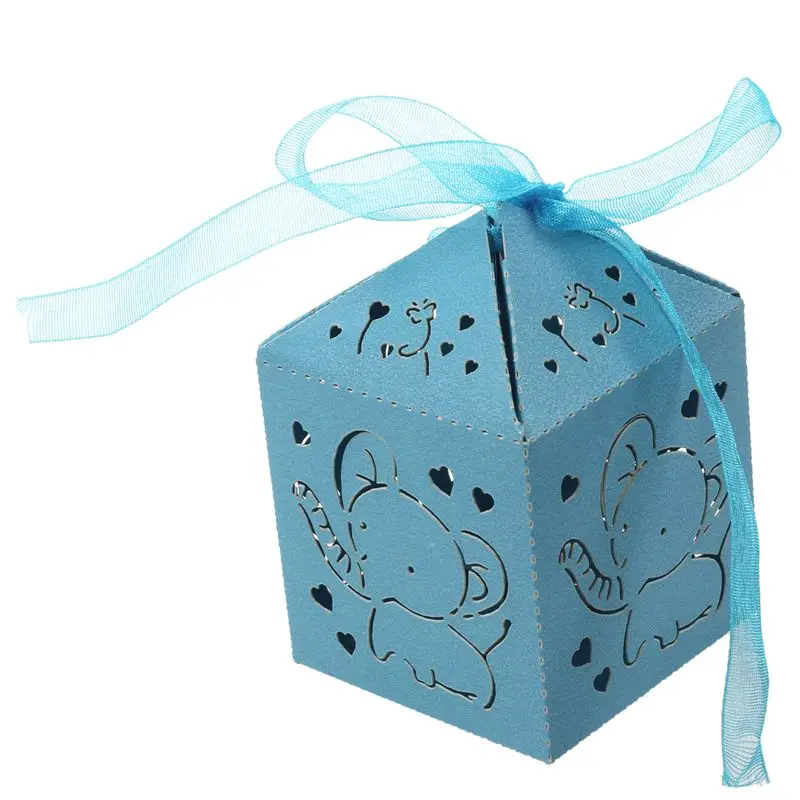 

10pcs Elephant Hollow Carriage Favors Box Gifts Candy Boxes With Ribbon Baby Shower Wedding Event Party Supplies(blue)5*5*5cm