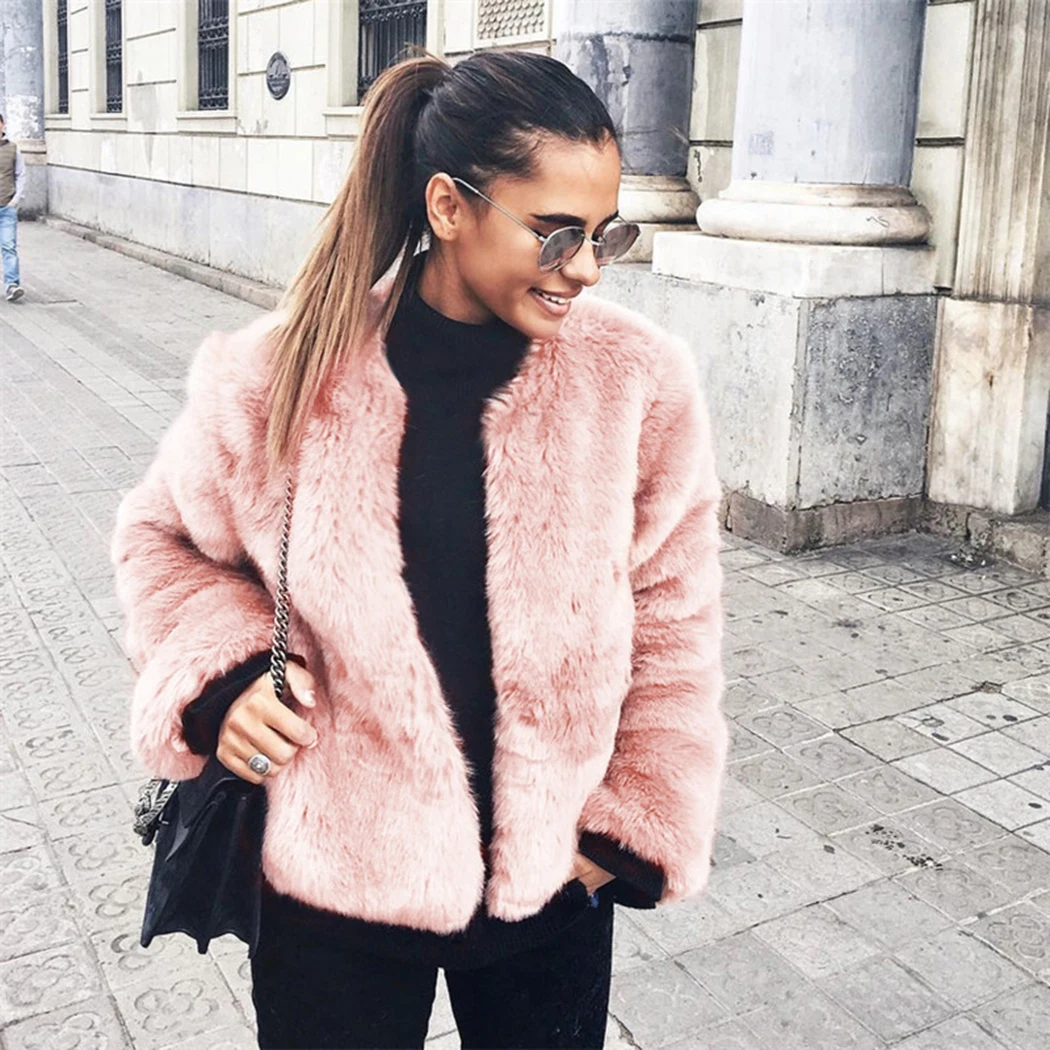 2018 Winter Pink Faux Fur Coat Women Warm Hairy Fur Jackets Outwear Elegant Ladies Fluffy Coats Plus Size OvercoatAbrigo Mujer