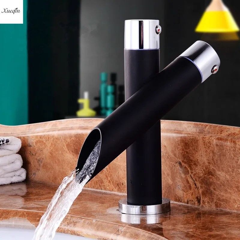 

Bathroom Unique Single Handle Black Waterfall Basin Faucet Spout Mixer Tap Deck Mounted Bronze Finished Hot And Cold Water