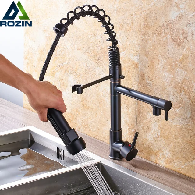 Best Offers Deck Mounted Pull Down Chrome Black Kitchen Faucet Water Tap Single Handle Swivel Dual Spout Kitchen Sink Mixer Tap