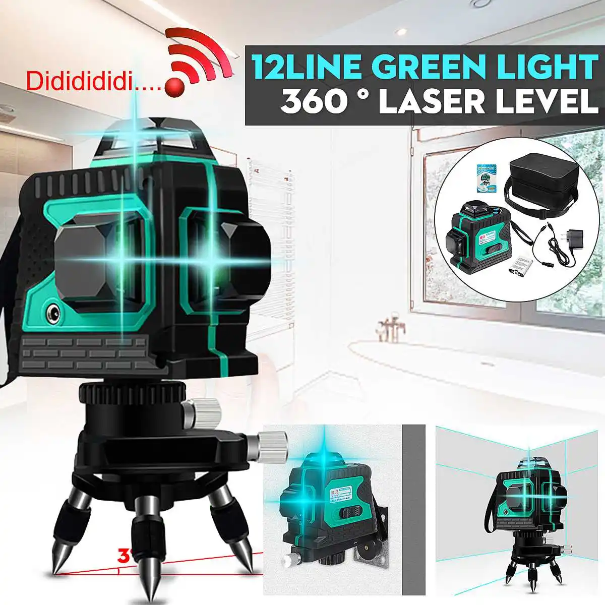 

3D 12 Line Green Light Laser Level Auto Self Leveling 360 Rotary Measure Cross Tripod Base T-Shaped Advanced Wall Mounted