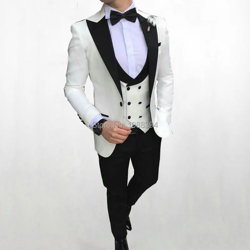 

2019 White Men Suits Slim Fit Formal Groomsmen Tuxedo Double Breasted Vest 3 Piece Groom Wedding Suits For Men Best Man Terno