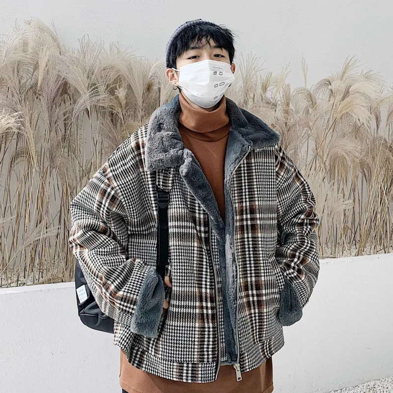 

Men's Fashion Lattice Thicken Woolen Blends Short Cotton-padded Clothes Lapel Loose Casual Warm Jackets parka coat men M-XL