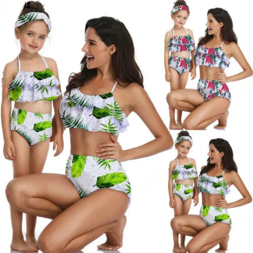 

2019 Hot New Family Matching Swimwear Mother and Daughter Parenting Beachwear Bikini Set Ruffle flower Swimsuit Bathing