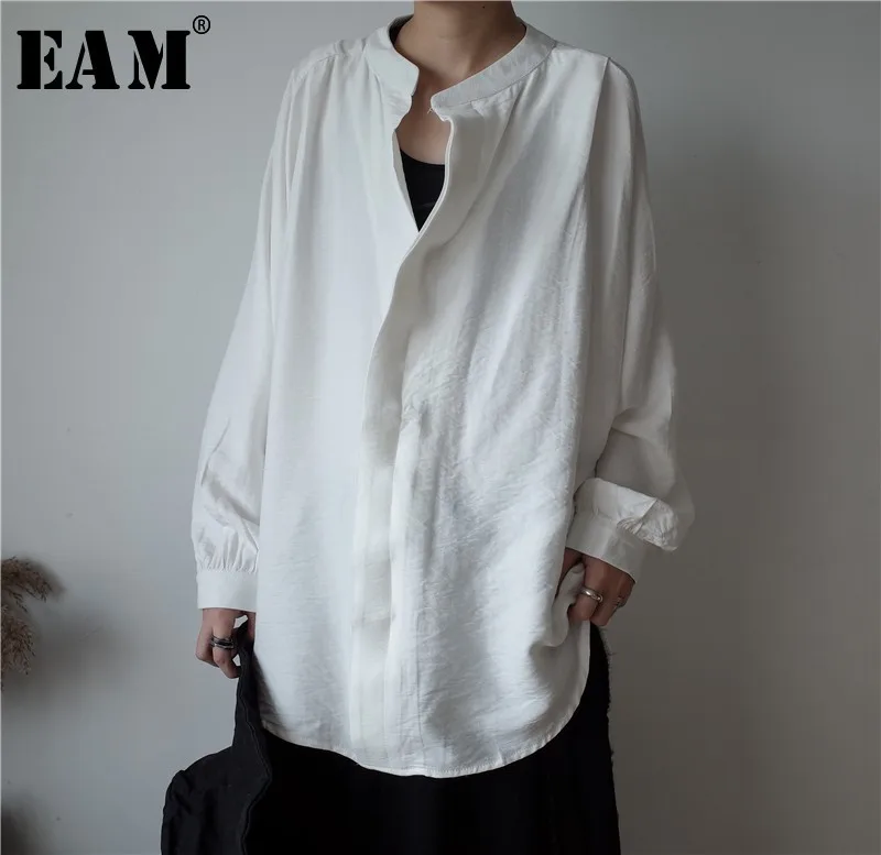 

[EAM] 2020 New Spring Autumn Fashion Loose Big Size Long Sleeve Black White Solid Color Stand Lantern Sleeve Woman Shirt S0500