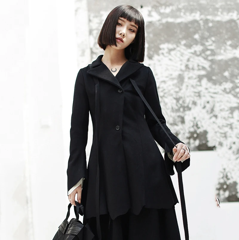 Femmes Irrégulière Nouveau Noir Mode Printemps De Jk104 Manches Lâche Laine 2019 Point eam Ourlet Longues Black Ruban Coupe Veste Manteau Revers 7x5Yapwq