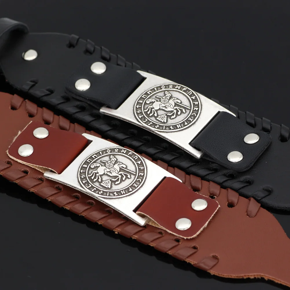 Скандинавский Викинг Odin езда Sleipni rune кожаный браслет амулет регулируемый размер