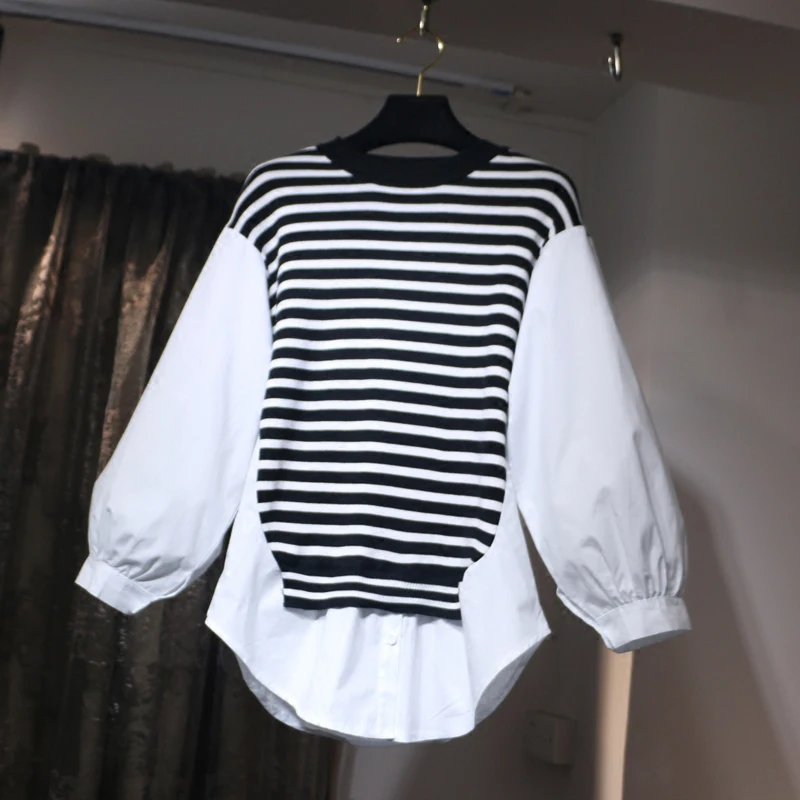 

LANMREM 2018 Autumn New Striped Round Collar Long Sleeve Patchwork Fashion Streetwear Knitting Shirt Women Tide MA30201