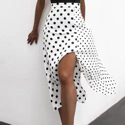 2019 Винтаж для женщин Высокая талия в горошек юбка разделение асимметричный подол Sash сращивания модная длинная юбка Уличная Faldas mujer moda