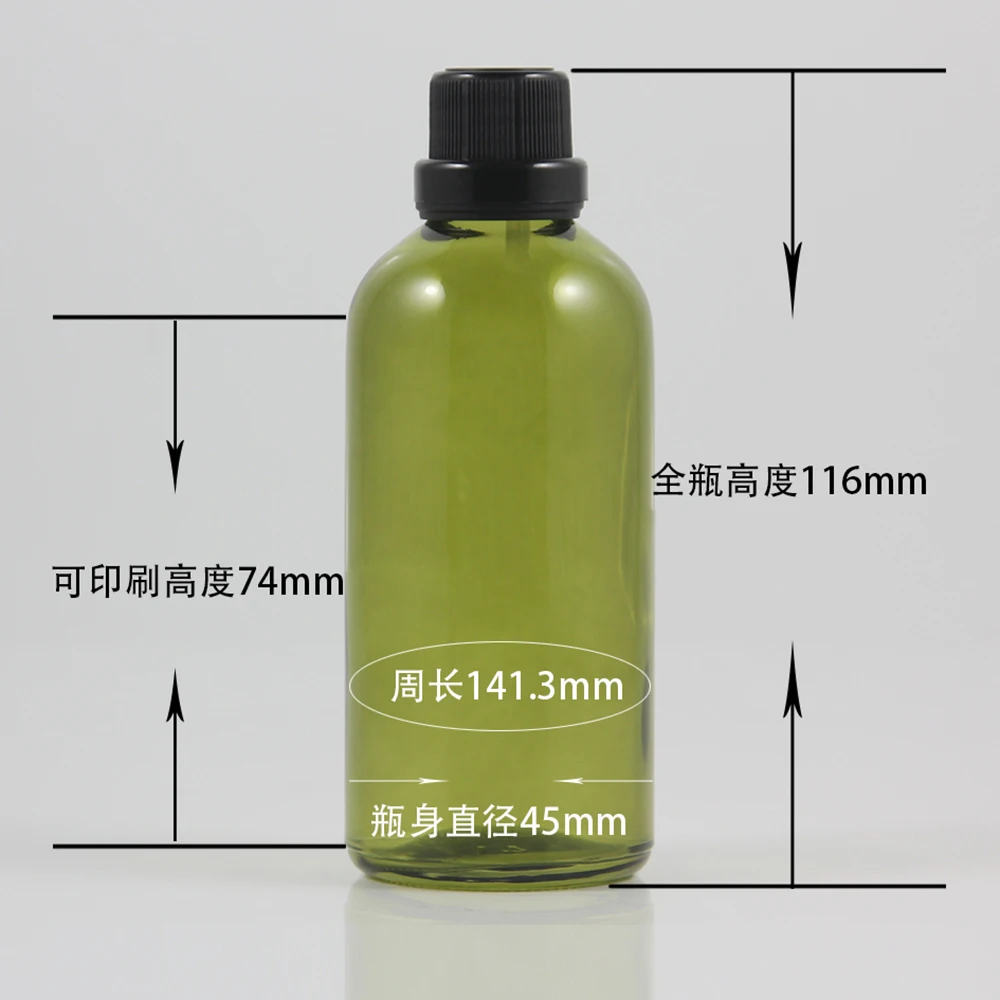 

Olive colour serum glass bottle with plastic black top, 100ml essential oil glass packaging in stock