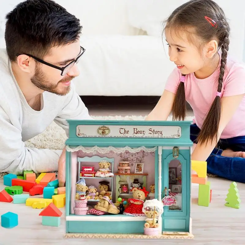 الدب منزل DIY لعب خشبية مصغرة دمية نموذج صندوق تشغيل الموسيقى الاطفال هدية مجموعة ألعاب أثاث خشبي رائع هدية للأطفال