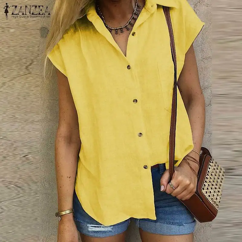 

Fashion ZANZEA Summer Short Sleeve Tunic Tops Women Lapel Neck Buttons Shirt Casual Blouse Solid Loose Chemise Femininas Blusas